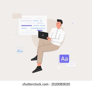 Man is working on ui ux design project. Programmer, sit on infographic and work on laptop. Freelancer working on web and application development on computers. Software developers.