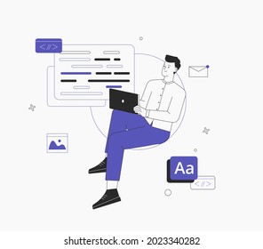 El hombre está trabajando en un proyecto de ui ux. Programador, sentado en infografía y trabajar en laptop. Trabajador independiente trabajando en el desarrollo de aplicaciones y web en computadoras. Desarrolladores de software.