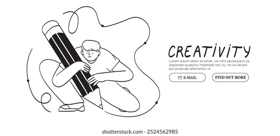 Man is working on ui ux design project. Designer drawing scetch in vector programm with big pencil. Charcter illustration for design online classes or seminar banner, ads, landing page, application.