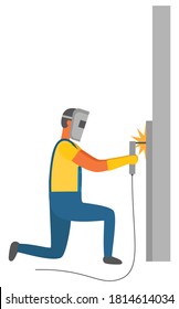 Man working on welding vector, isolated character. Welder wearing protective mask and gloves, male worker repairing wall connecting items together