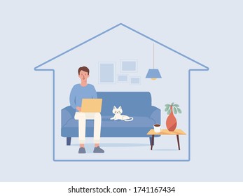 Man working online with a computer laptop on the sofa in the living room of the home, Illustration about New Normal. A cat lying here.