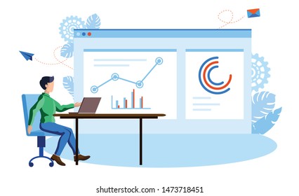 man working online with growth charts vector illustration concept
