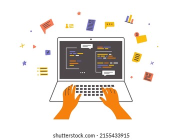 Man working online with information using digital data analysis, database. Human hands on laptop keyboard. Freelancer programmer and program code. Chat, charts, coding, infographic vector illustration