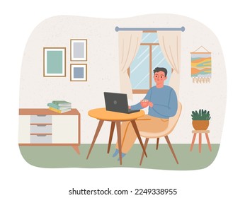 Hombre trabajando en línea con laptop. Empleado alegre con un trabajo distante. Carácter masculino sentado en casa y trabajando a distancia a través de Internet. Desarrollador o programador con gadget, vector de concepto freelance