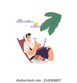 Man working online at laptop computer on beach in summer. Freelance worker during remote work via internet, sitting in deck chair with cocktail. Flat vector illustration isolated on white background.