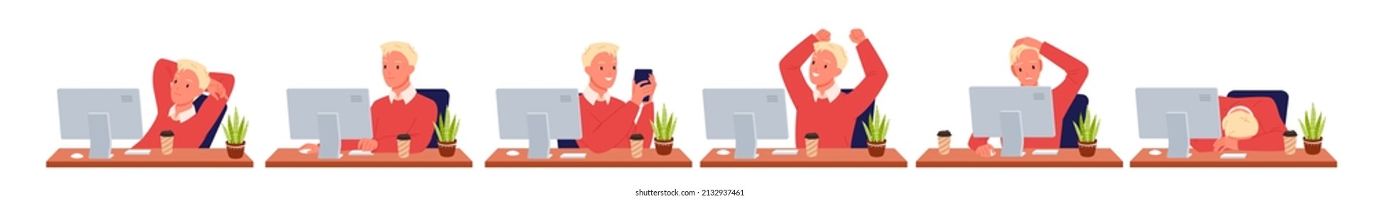 Man working online on business project in different poses vector illustration. Cartoon happy and sad guy using gadget, person sitting at personal office computer in modern workplace isolated on white