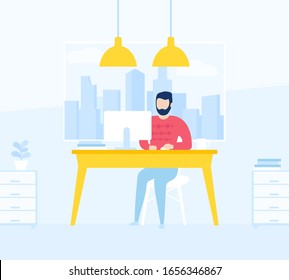 man working in open office space, vector illustration