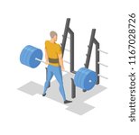 Man working out by the barbell rack. Isometric illlustration of fitness equipment in action. Flat vector illustration. Isolated on white background.