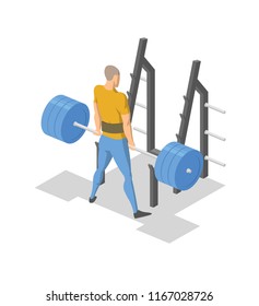 Man working out by the barbell rack. Isometric illlustration of fitness equipment in action. Flat vector illustration. Isolated on white background.