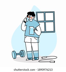 a man working out at home doodle vector illustration