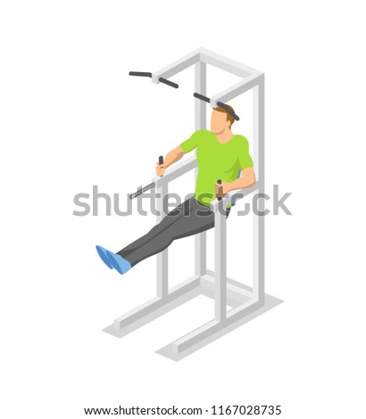 Man working out on dip station in the gym. Isometric illlustration of fitness equipment in action. Flat vector illustration. Isolated on white background.