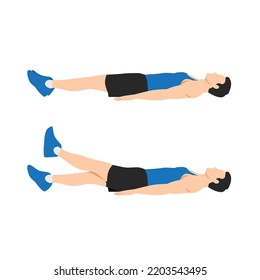 Man working out on her strength of stomach abs. Lying single or one leg lifts raises. Flat vector illustration isolated on white background