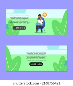 Man Working Outdoor in A Park Illustration Banner Set Design Template EPS10 man working, freelancing, doing homework, doing chores outdoor sitting in a comfortable chair, sofa on a park background