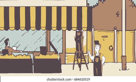 Man working outdoors City life construction. Vector handmade illustration painting art style. Architecture Italian concepts