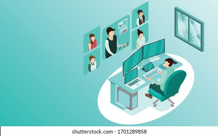 Man working with pc at his work desk with video conference, Working from home, Outside window is virus cells, programmer, business analysis, designer, freelancer, Isometric COVID-19 vector.