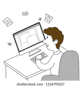 Man working from PC with icons flying out from the PC