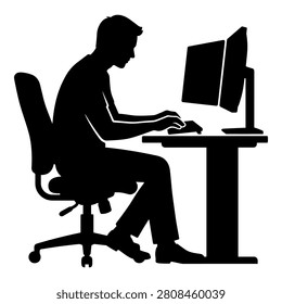 Man working at pc station with dual monitors, professional silhouette of office employee typing.