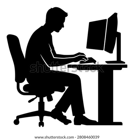 Man working at pc station with dual monitors, professional silhouette of office employee typing.