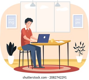 Man, working person sitting in room and correspondence surfing Internet. Male character communicating through network on laptop. Freelance, work from home and home office concept. Working people