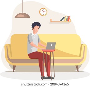 Man, working person sitting in room and correspondence surfing Internet. Male character communicating through network on laptop. Freelance, work from home and home office concept. Working people