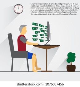 Man working with Personal Computer and get many money form internet all the time. In globalization era, it's seem normally to work at home and management everything by one click.  