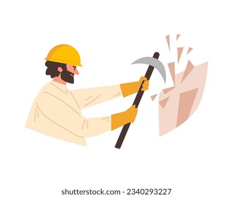 Man working with pickaxe. Cartoon archaeologist or geologist in yellow protective helmet does the hard work of excavation. Vector illustration isolated on white background