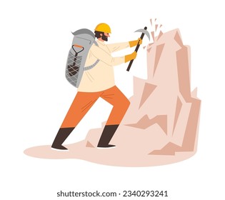 Man working with pickaxe on rock. Cartoon archaeologist or geologist in yellow protective helmet and backpack does the hard work of excavation, digs. Vector flat illustration isolated on white