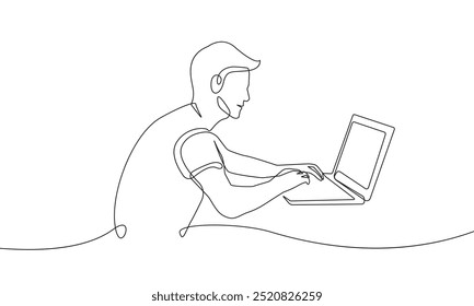 Man Working Process with Laptop Continuous One Line Drawing on White Background. Man Working with Laptop Vector Line Art Drawing. Manager Silhouette in Linear Minimalistic Style