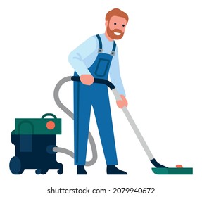 Man working with professional vacuum cleaner. Janitor cleaning floor