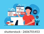 Man working as programmer, writing code using laptop, Website developer, Coding software on computer screen
