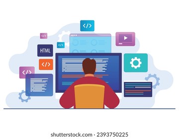 Man working as programmer, Writing code using laptop, Website developer, Coding software on computer screen flat illustration vector template