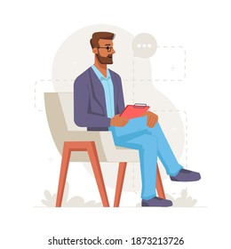 Man working as psychologist listening to patient and holding clipboard for making notes. Psychiatrist caring for mental health of people, office of specialist or counselor. Vector in flat style