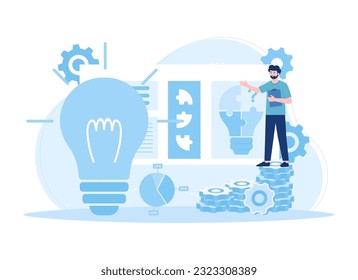 A man working with puzzle bulb idea trending flat illustration