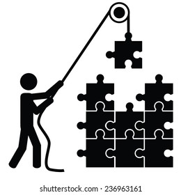 A man is working at a puzzle. It is a stick figure vector. EPS10 