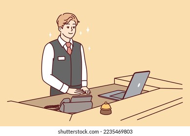 Man working as receptionist in hotel or restaurant stands behind counter with laptop and phone. Happy guy in work suit with badge is waiting for arrival of guests and clients. Flat vector image