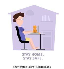 Man working remote from home. Stay home awareness social media campaign. Vector isolated