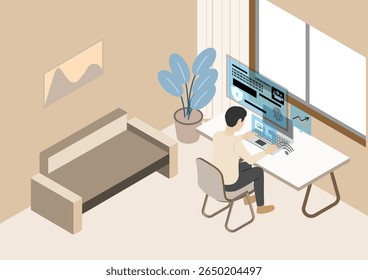 Homem trabalhando remotamente analisando dados financeiros de laptop no café com o plano de fundo ícone monimal, negócios modernos isométrica vetor plana design