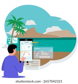 Un hombre que trabaja a distancia analizando datos financieros de teléfono inteligente durante el viaje con fondo de icono monocromo. Diseño moderno de Vector plano de negocios.