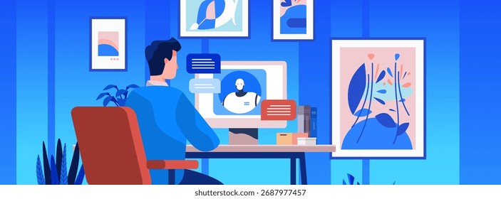 Man working remotely artificial intelligence chatbot virtual assistant modern home office computer desk blue abstract wall art plants books