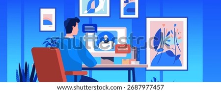 Man working remotely artificial intelligence chatbot virtual assistant modern home office computer desk blue abstract wall art plants books