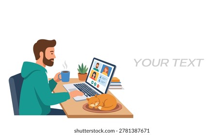 Man Working Remotely with Cat and Video Call on Laptop