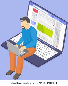 Man working remotely with computer. Freelance or Internet job concept. Person sitting with laptop, viewing information on website. Guy studying courses online, freelancer works with electronic device