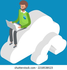 Man working remotely with computer. Freelance or Internet job concept. Person sitting with laptop, viewing information on website, studying courses online, freelancer works with cloud storage