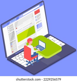 Man working remotely with computer. Freelance or Internet job concept. Person sitting with laptop, viewing information on website. Guy studying courses online, freelancer works with electronic device