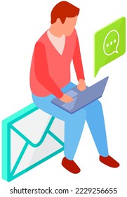 Man working remotely with computer. Freelance or Internet job. Person sitting with laptop, viewing information on website, sends email or message on social network, freelancer works with mail service