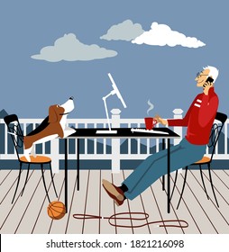 Man working remotely from the deck of his house with a dog looking at him, EPS 8 vector illustration