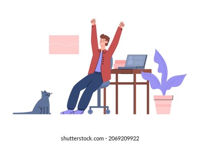 Man working remotely doing warm-up or stretching at workplace, home office in flat vector illustration isolated on white background. Active lifestyle, workout, relaxation during work.