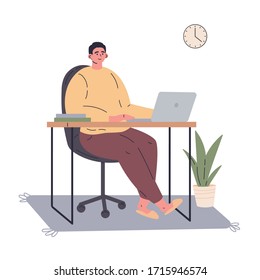Man working remotely during quarantine at home.Freelancer working on computer.Young man sitting at the desk in his room.Vector colorful illustration.Flat cartoon character