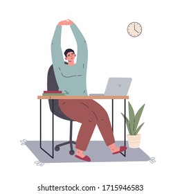 Man working remotely during quarantine at home.Freelancer working on computer and doing exercises.Young man sitting at the desk at home.Vector colorful illustration.Flat cartoon character