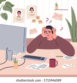 Man working remotely during quarantine at home.Freelancer is stressed through a lot of work.Young man sitting at the desk in his room and working.Vector colorful illustration.Flat cartoon character